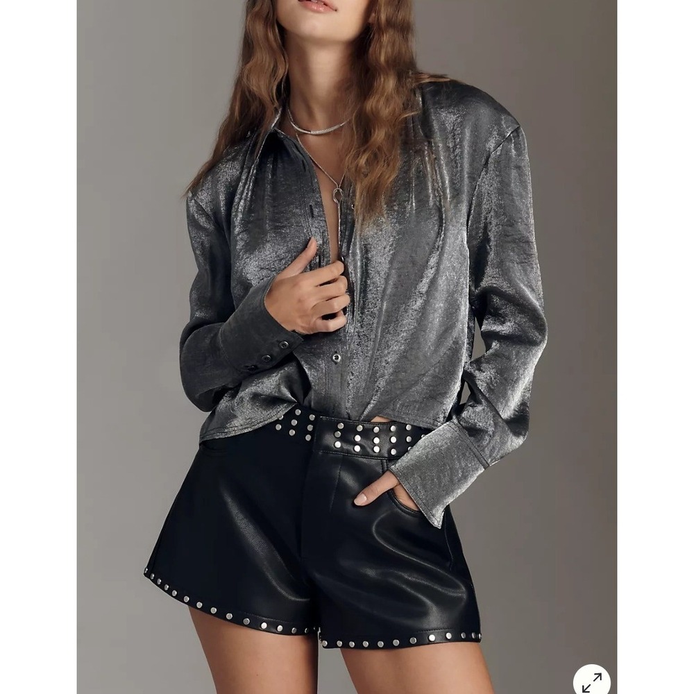 Women's Pilcro Medium Silver Metallic Shimmer Button Down Shirt Glam